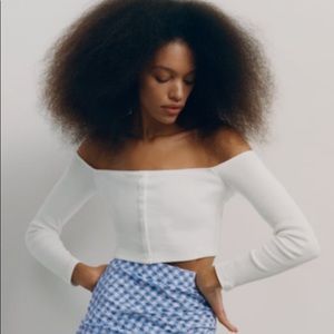 Zara button crop top white cotton stretch